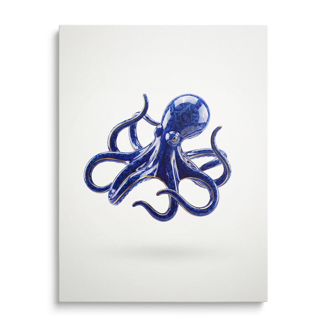 Motivational canvas print with a blue-and-white porcelain octopus in an onion pattern, front view