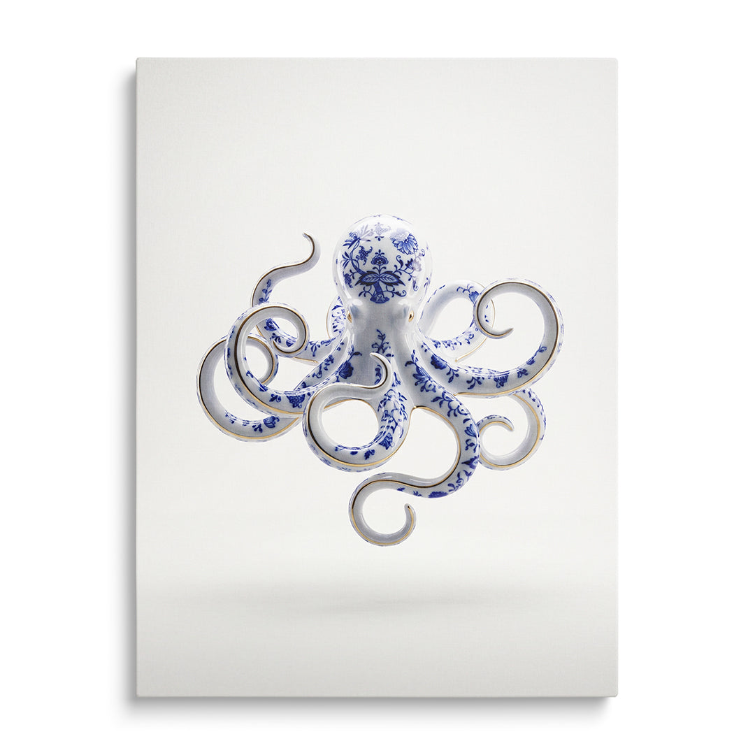 Motivational wall art with a blue-and-white porcelain octopus in a minimalist design, front view
