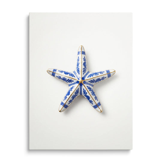 Modern canvas print with a blue onion porcelain starfish, luxury blue-and-white decor for interiors