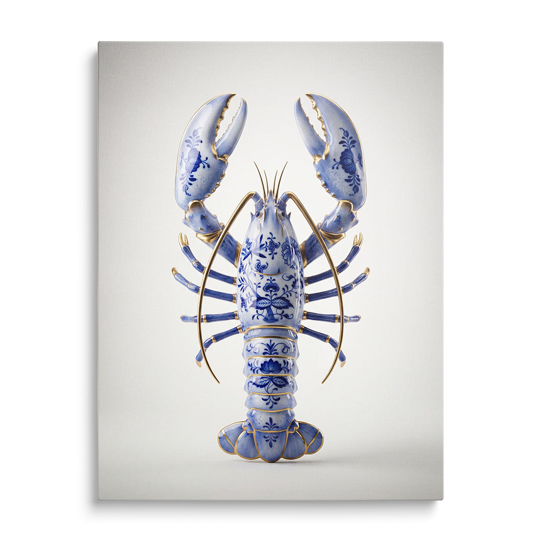Pop art image of a blue-and-white porcelain spiny lobster in a minimalist style on a white background, front view