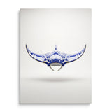 Modern wall art with a blue-and-white manta ray in an onion porcelain pattern, minimalist front-view motif