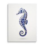 Modern canvas print with a seahorse in a blue-and-white porcelain ornament, front view