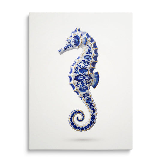 Modern canvas print with a seahorse in a blue-and-white porcelain ornament, front view