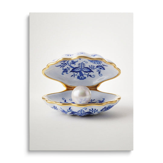 Luxury canvas print with a blue onion porcelain shell and pearl in a minimalist design