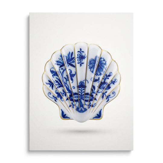 Modern canvas print with a blue-and-white blue onion porcelain shell in a minimalist design, front view