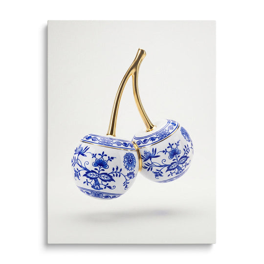Luxury canvas print of blue onion porcelain cherries with gold stems, front view