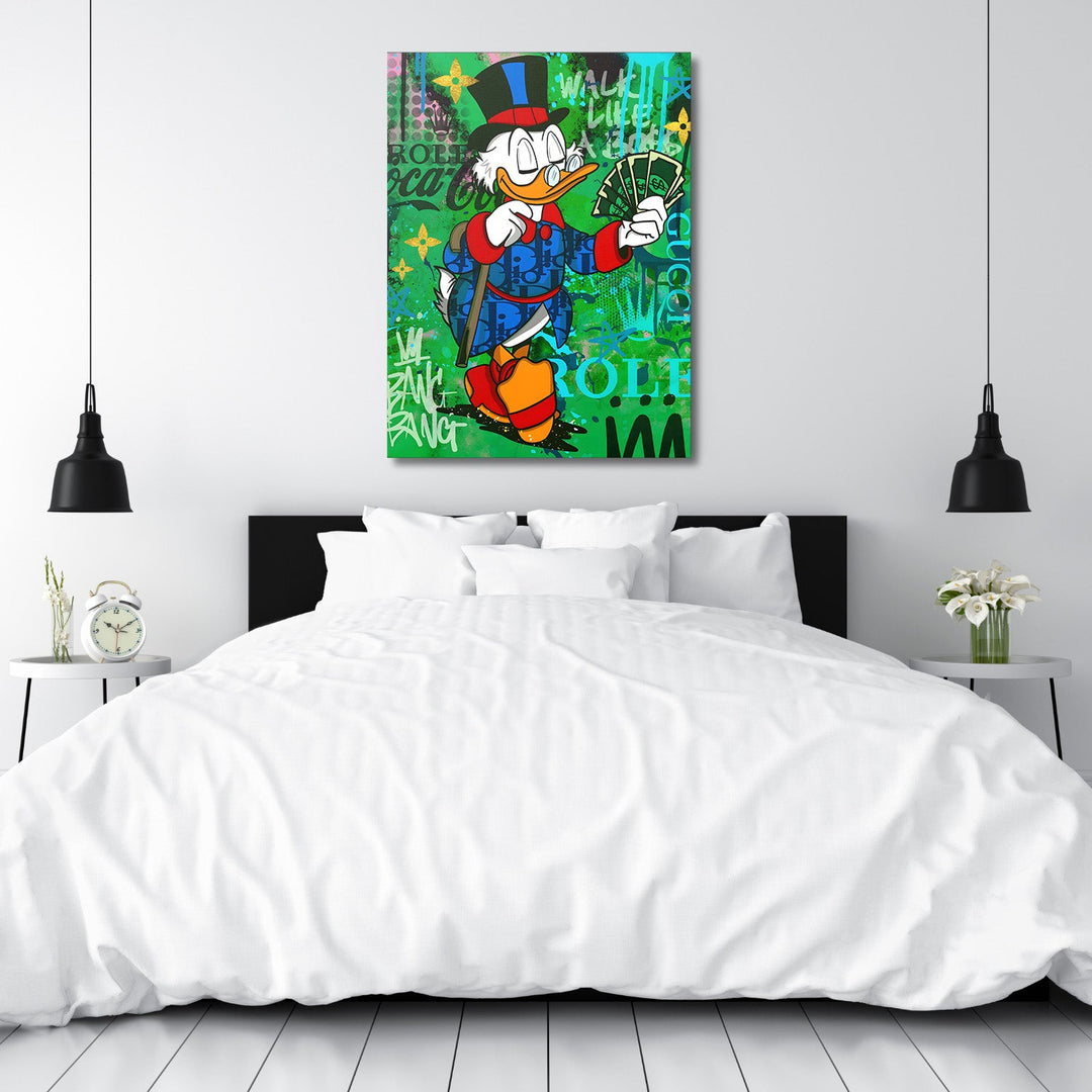 Motivational pop art wall art with Scrooge McDuck holding money on green graffiti background