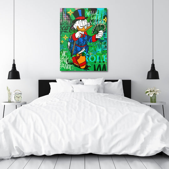 Motivational pop art wall art with Scrooge McDuck holding money on green graffiti background