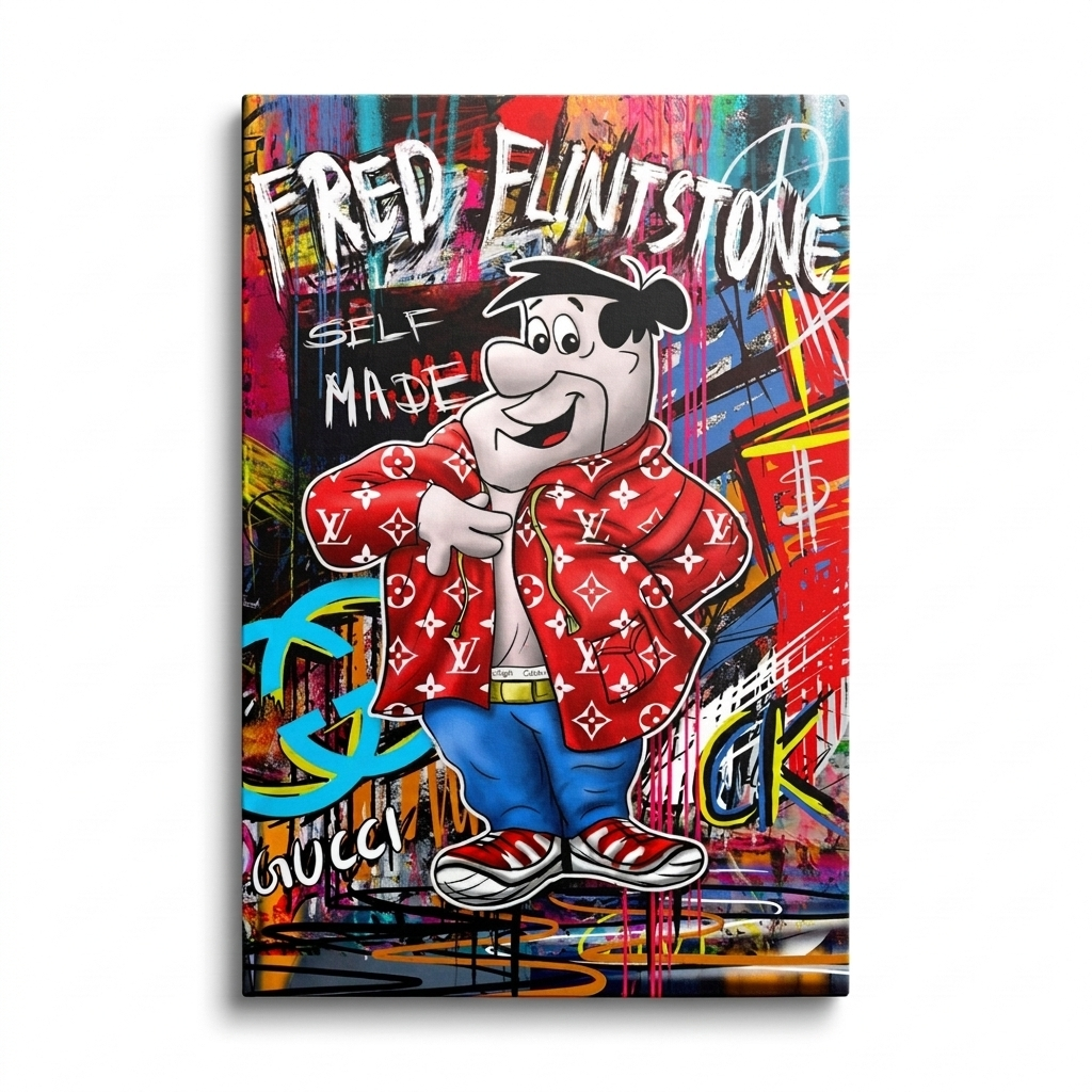 Pop art wall art with Fred Flintstone in a Gucci monogram jacket, street art background, front view.