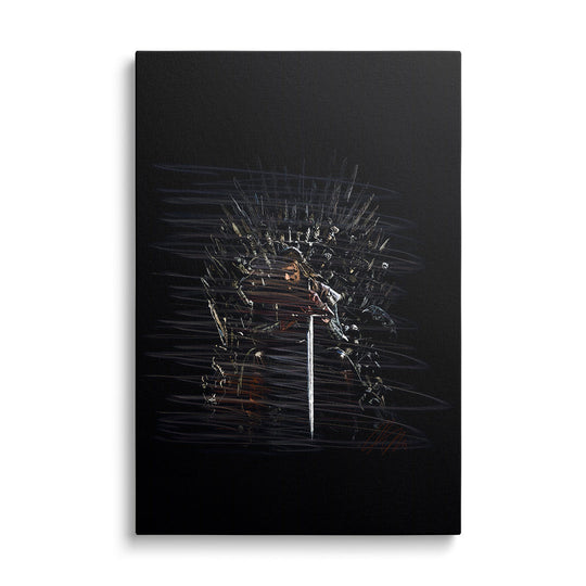 Canvas wall art with an epic sword in front of a spiked iron throne in dark fantasy style