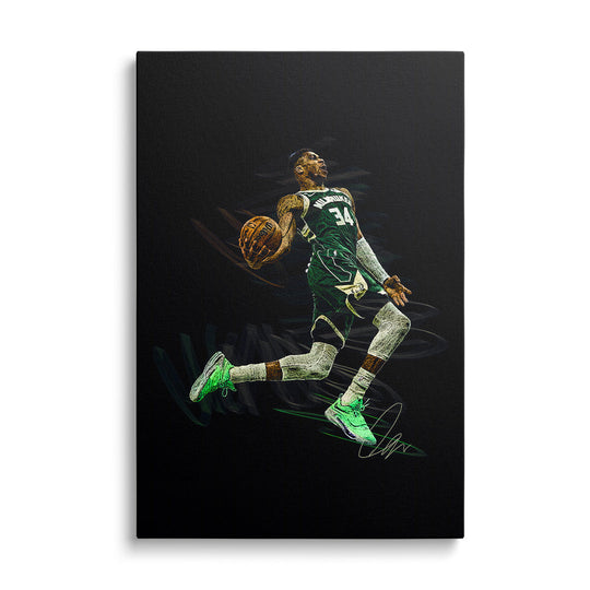 Motivational wall art with a basketball player dunking in the air, green number 34 jersey, front view
