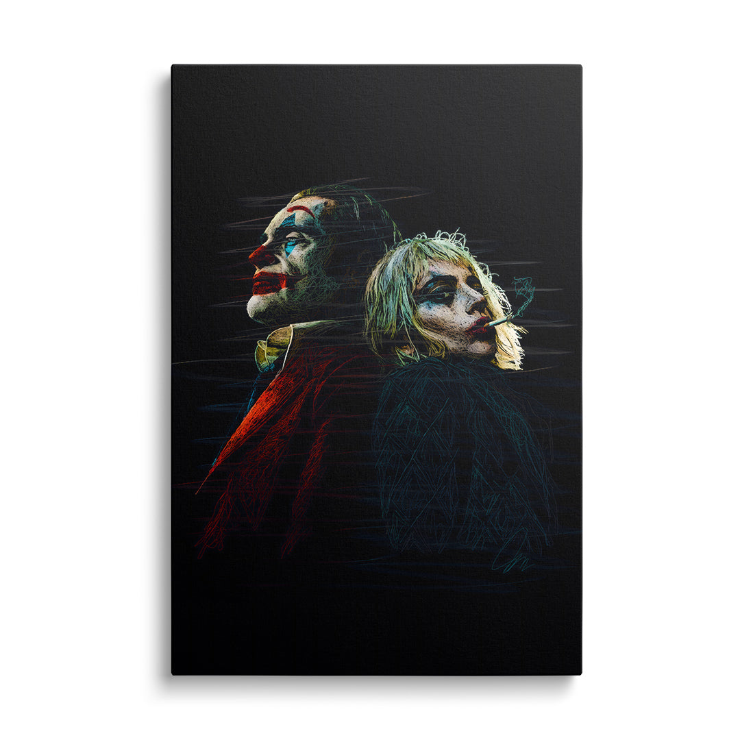 Pop art wall art with stylized portraits of a man and woman in clown makeup, dark street art style, front view