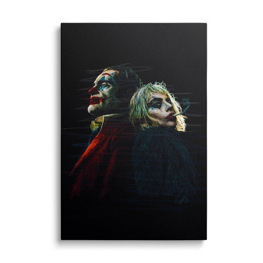Pop art wall art with stylized portraits of a man and woman in clown makeup, dark street art style, front view