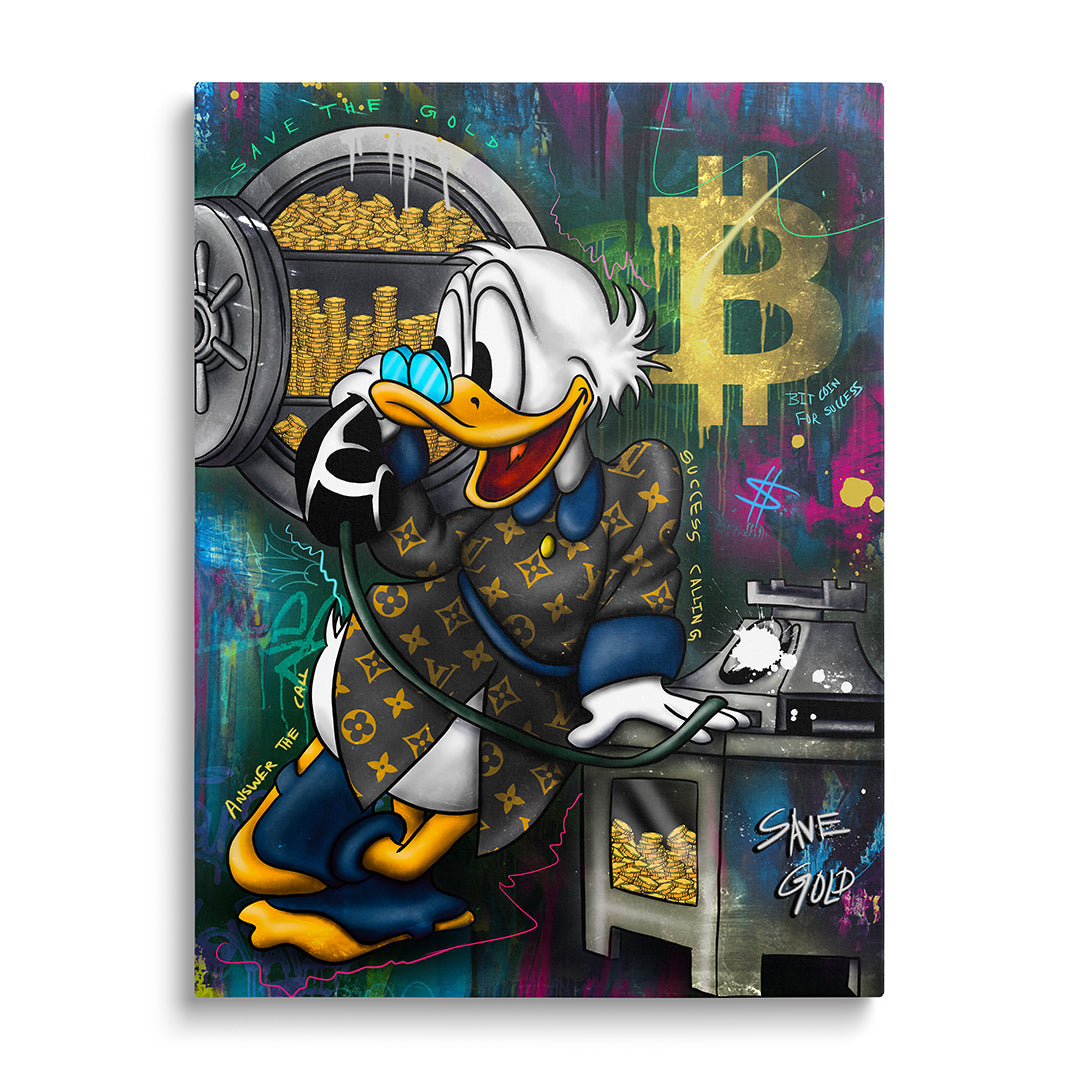 Front view of Scrooge McDuck wall art with BTC, gold, trading and crypto motifs