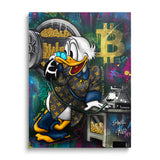 Front view of Scrooge McDuck wall art with BTC, gold, trading and crypto motifs