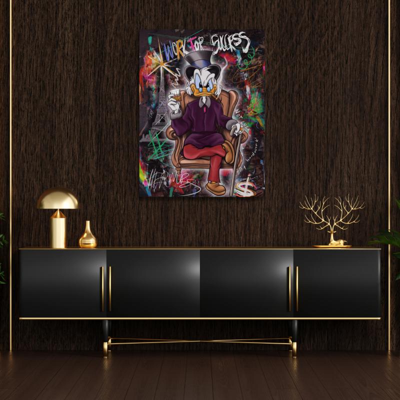 Motivational pop art wall art with Scrooge McDuck in graffiti style and money theme above a black sideboard.