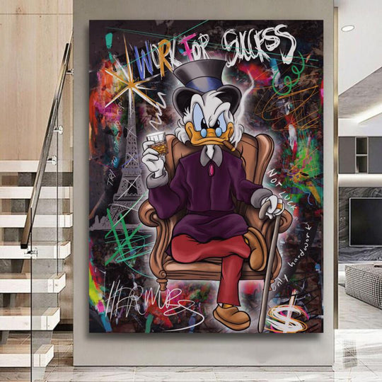 Motivational pop art wall art with Scrooge McDuck in graffiti style and “Work for Success” text in a modern office.