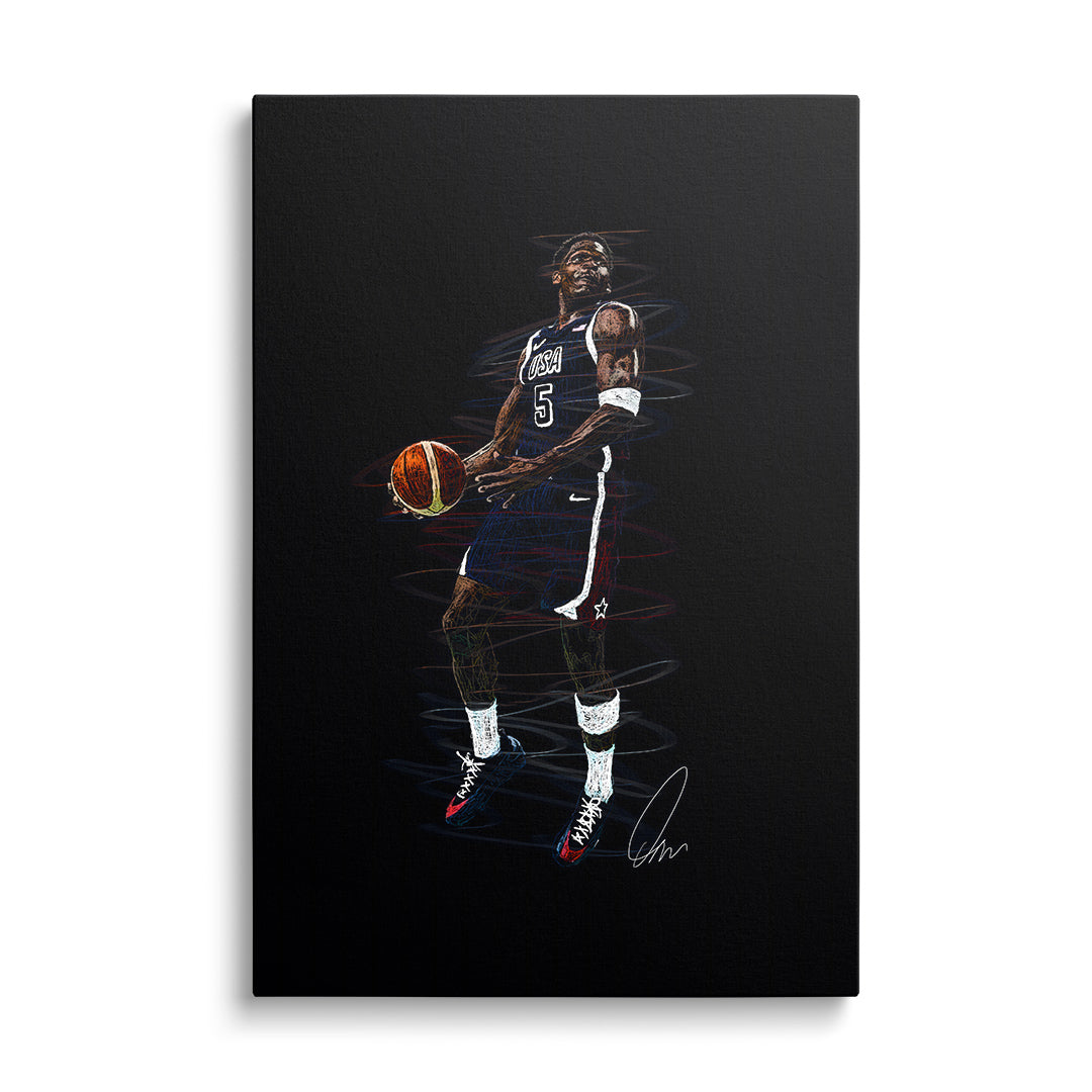 Motivational canvas wall art of a basketball player in a USA jersey jumping dynamically with bold Nike sneakers