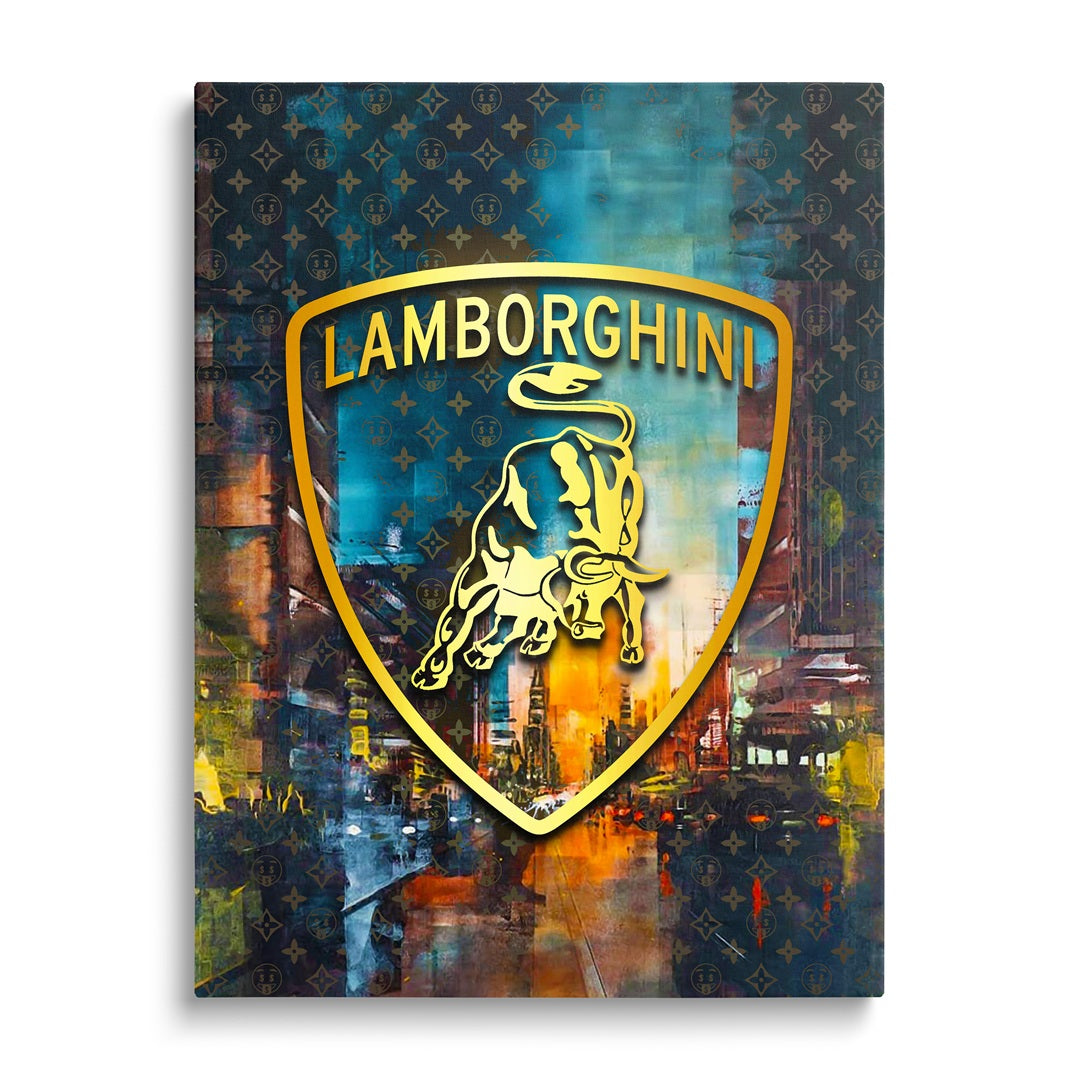 Motivational canvas wall art with a Lamborghini logo and city street in pop art comic style.