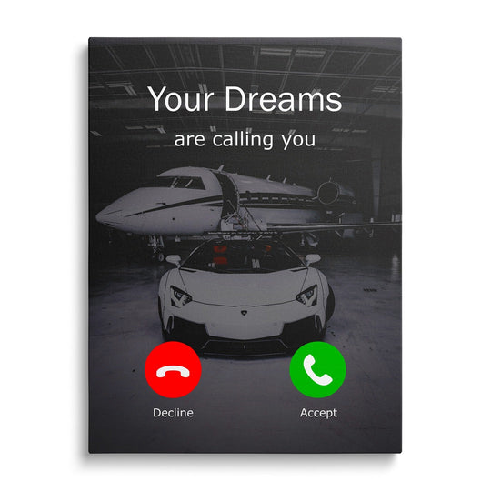 Front view of luxury motivational canvas wall art with a white Lamborghini and private jet in a hangar.