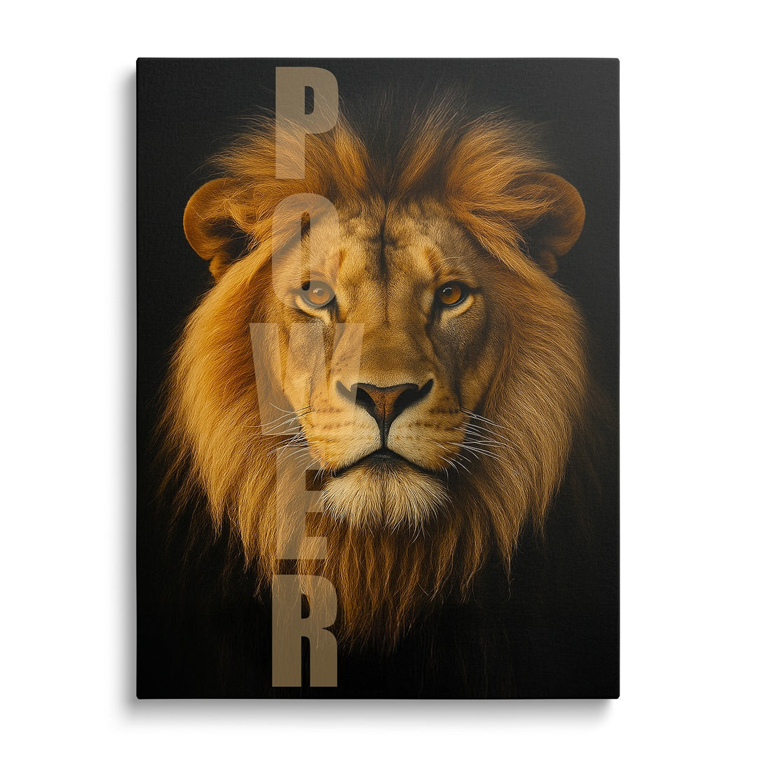 Motivational canvas wall art with a detailed front-facing lion portrait and vertical POWER text in a minimalist design.