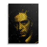 Front view of motivational pop art canvas wall art with a black and gold portrait and luxury monogram pattern.