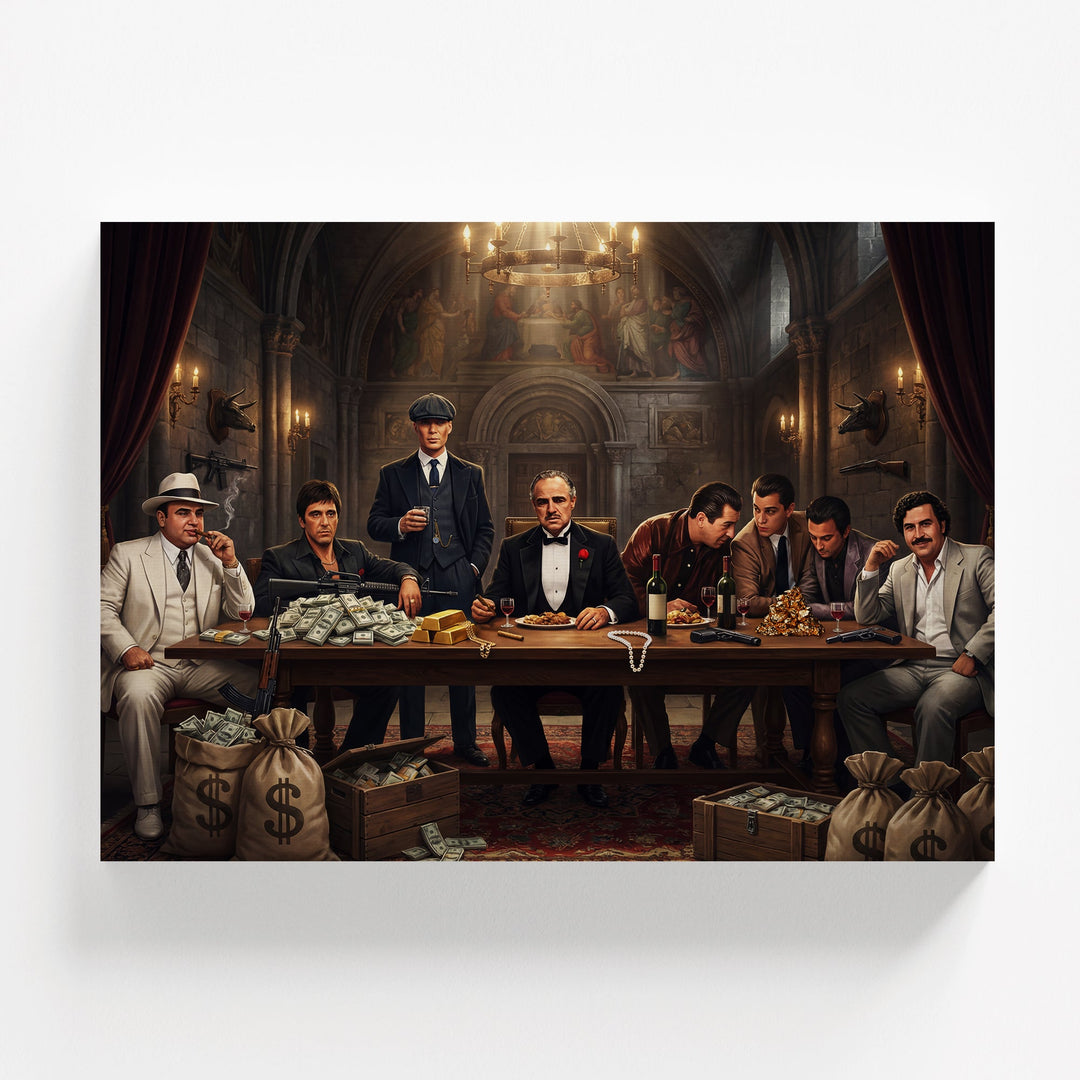 Motivational pop art wall art with movie gangsters at a table covered with dollar bills and gold
