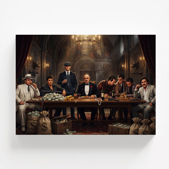 Motivational pop art wall art with movie gangsters at a table covered with dollar bills and gold