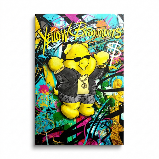 Pop art canvas wall art with a graffiti teddy bear, chain and dollar symbol in a street art motif.