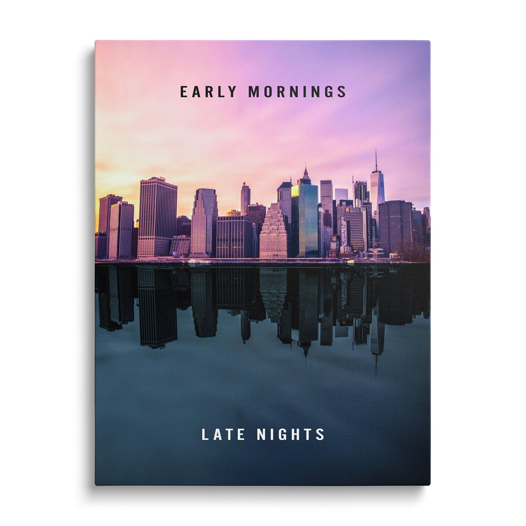 Motivational canvas wall art with a city silhouette and mirrored reflection, contrasting pastel morning and night darkness.