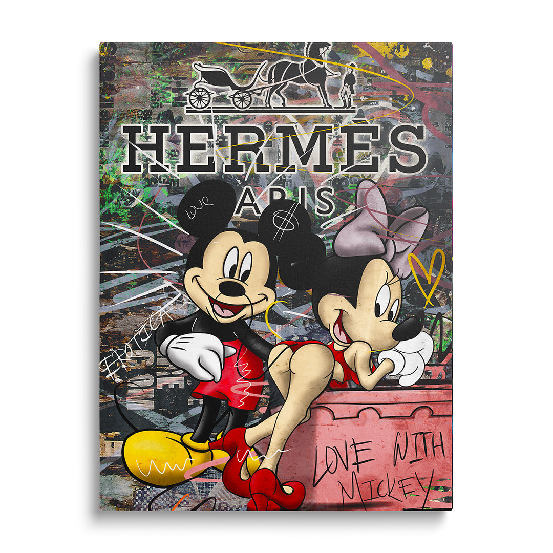 Pop art canvas wall art with Mickey Mouse, Minnie and a Hermès Paris logo in graffiti street art style.