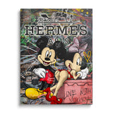 Pop art canvas wall art with Mickey Mouse, Minnie and a Hermès Paris logo in graffiti street art style.