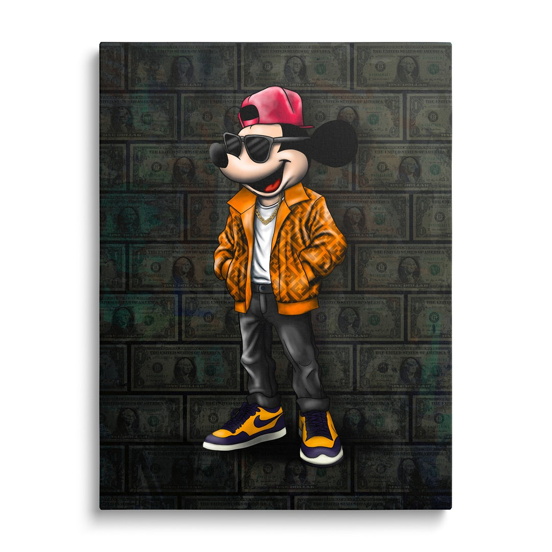 Mickey Mouse pop art wall art in streetwear with an orange jacket, purple and yellow sneakers and a dollar background, front view.