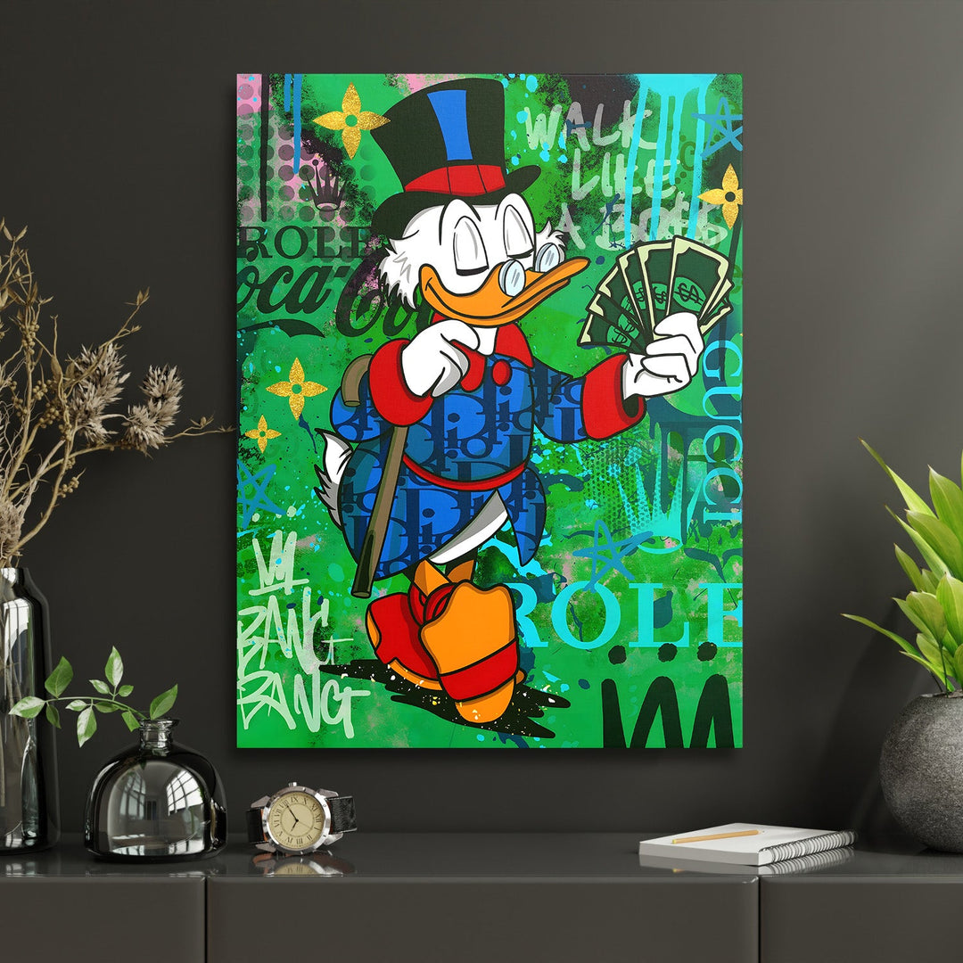Pop art wall art Scrooge McDuck with banknotes, motivational wall art for a modern office