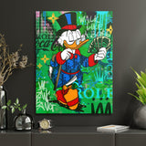 Pop art wall art Scrooge McDuck with banknotes, motivational wall art for a modern office