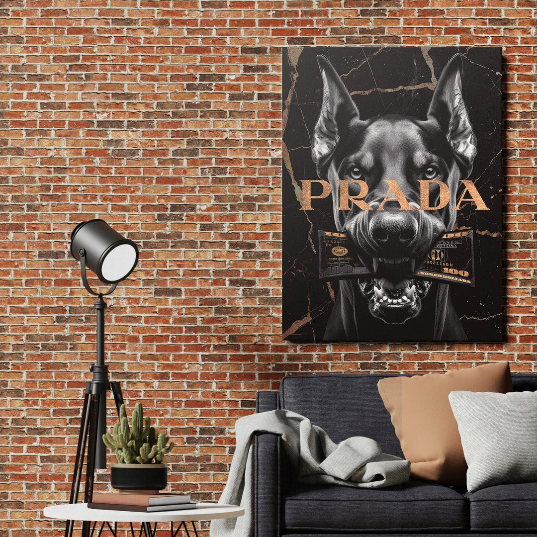 Pop art wall art dog with money motif and text PRADA as motivational wall art for industrial living room