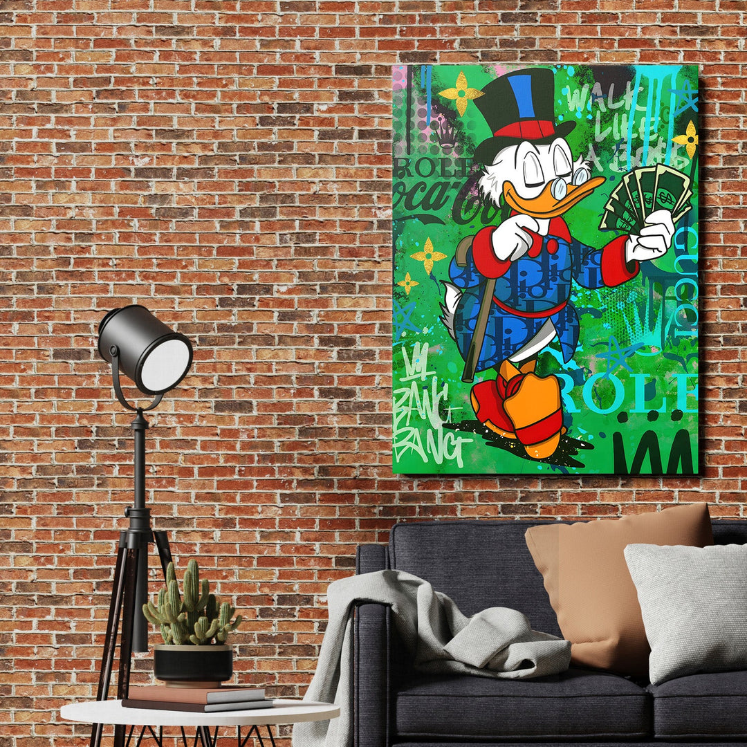 Motivational pop art canvas print with duck tycoon a dollar bills on a brick wall