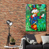 Motivational pop art canvas print with duck tycoon a dollar bills on a brick wall