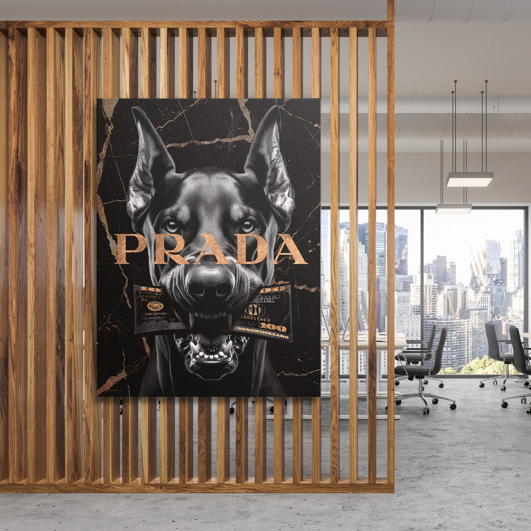 Luxury motivational canvas wall art for an office, black dog with banknote and gold text PRADA, lifestyle decor