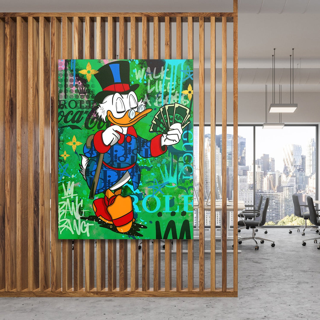 Motivational pop art canvas print with Scrooge McDuck and money in a modern office