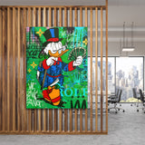 Motivational pop art canvas print with Scrooge McDuck and money in a modern office