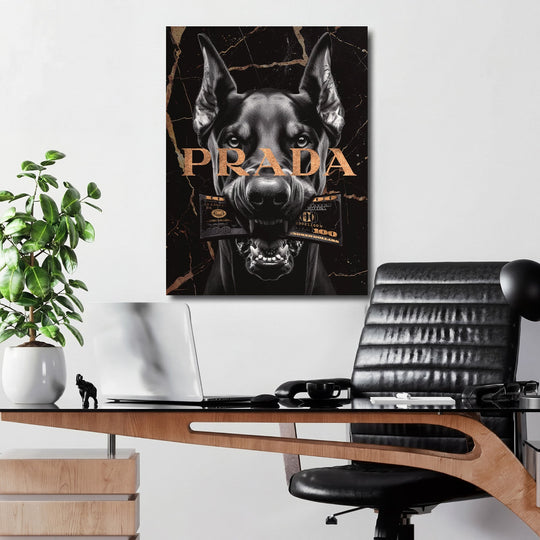 Modern wall art with black psem holding dollar bankovku in zubech in an office, business lifestyle