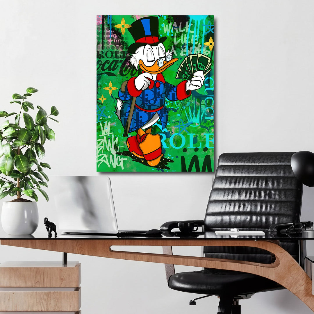 Motivational pop art wall art for an office with duck holding dollar bills on green graffiti background