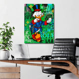 Motivational pop art wall art for an office with duck holding dollar bills on green graffiti background