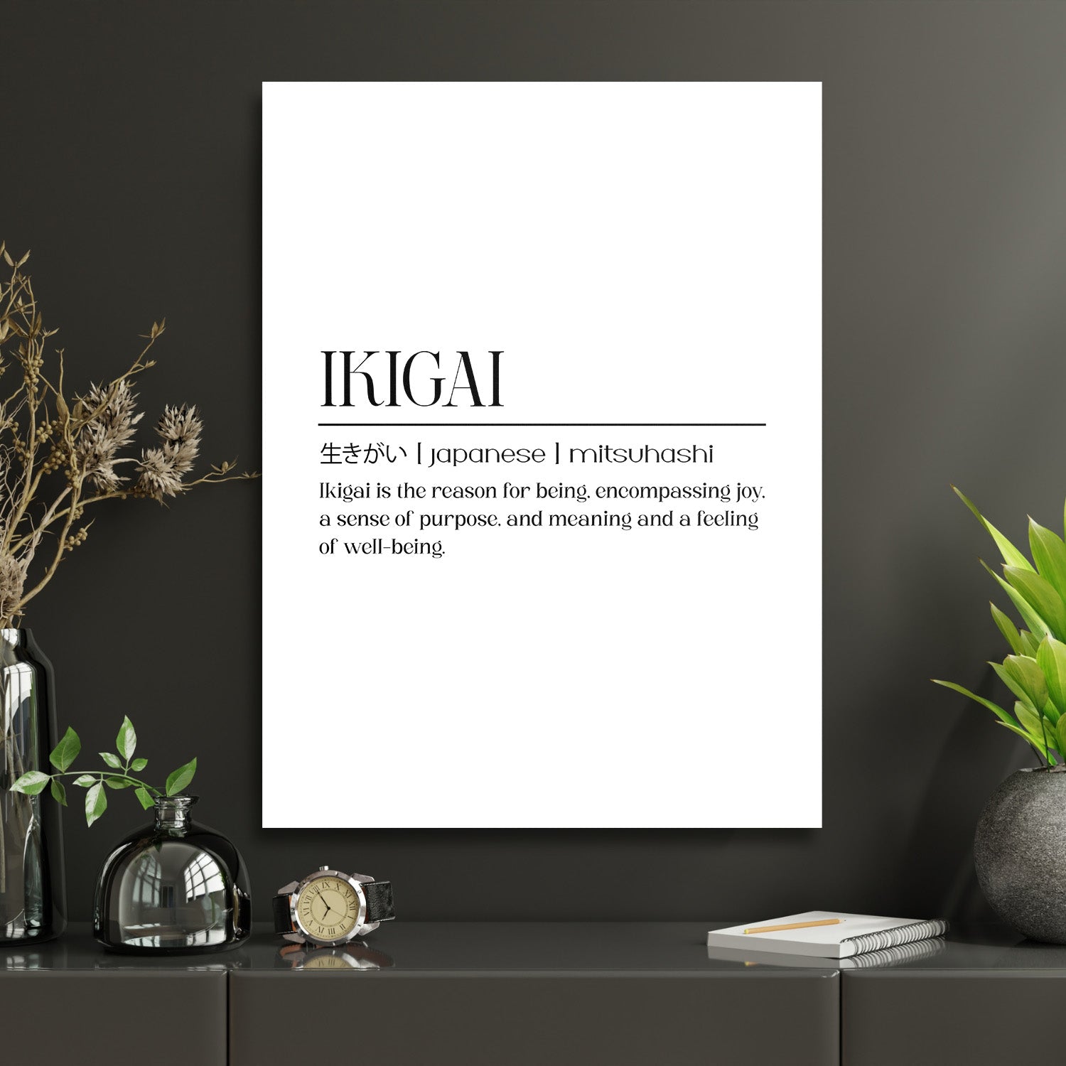 Ikigai motivational canvas wall art in a minimalist home office workspace