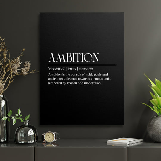 Motivational canvas print with an “AMBITION” inscription in white lettering, minimalist decor for a modern study