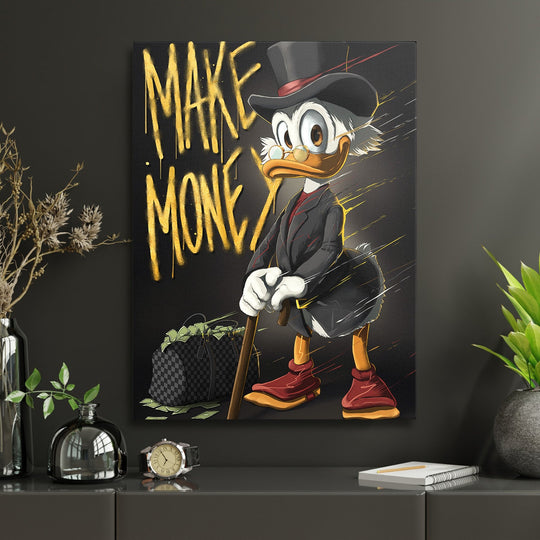 Motivational pop art wall art with Scrooge McDuck, MAKE MONEY graffiti and dollar banknote motif
