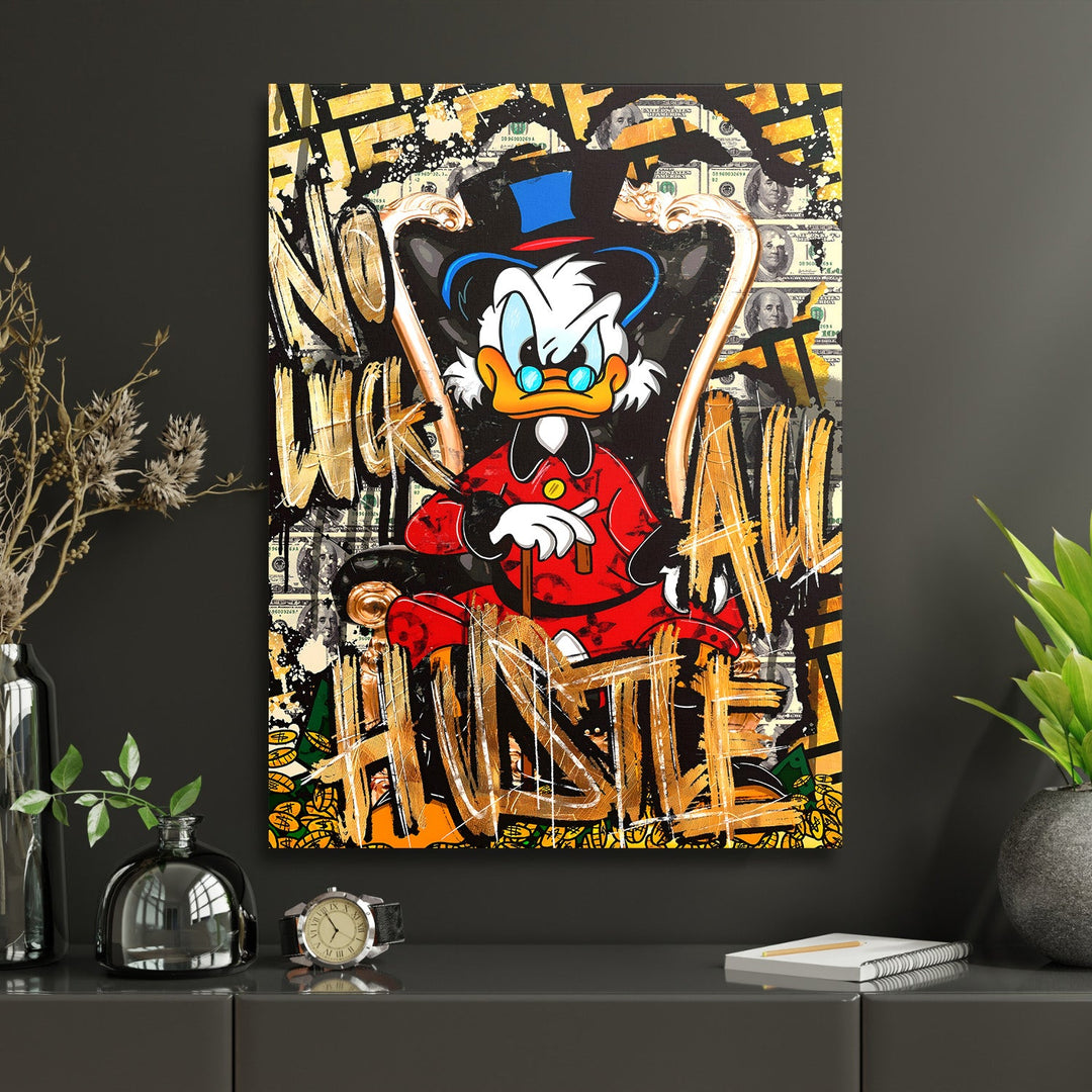 Motivational pop art canvas print with Scrooge McDuck on a throne and a dollar banknote background