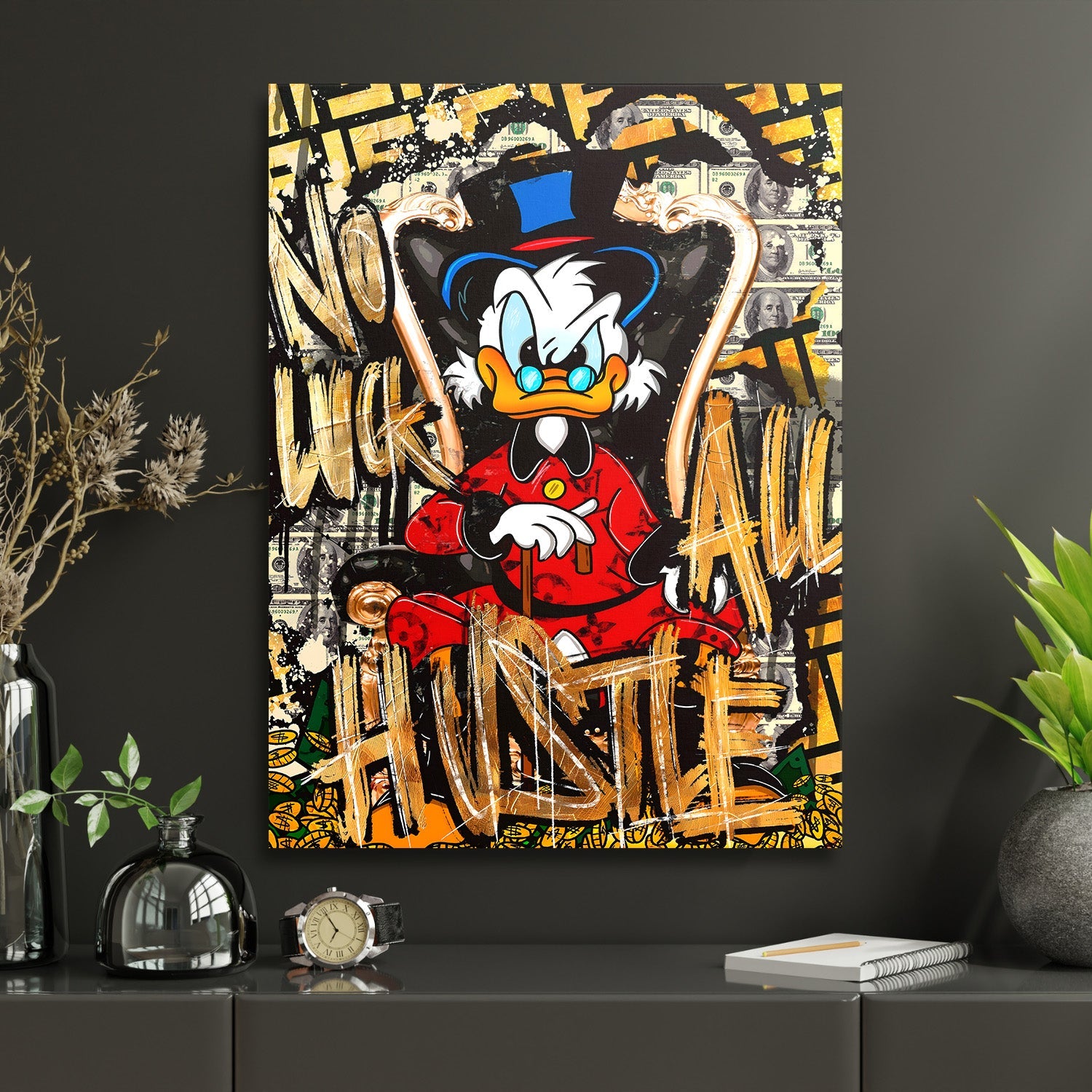 Motivational pop art canvas print with Scrooge McDuck on a throne and a dollar banknote background