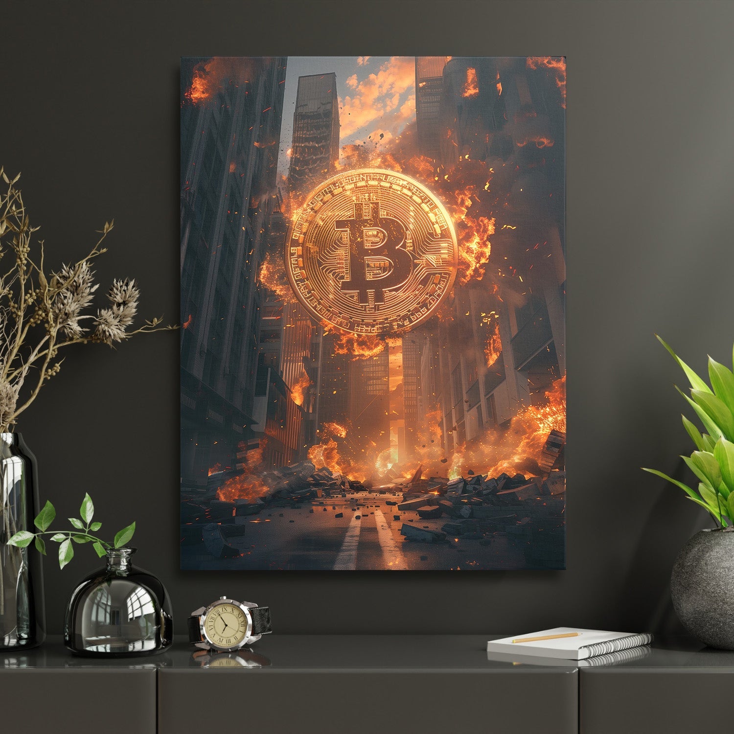 Motivational canvas print with burning Bitcoin and an apocalyptic city street in an office, cryptocurrency dark art